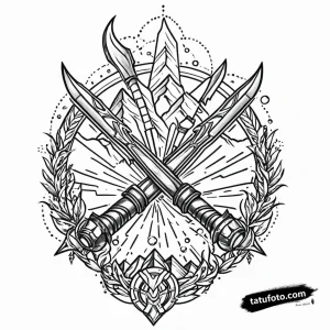 Тату-эскиз в стиле blackwork, изображающий ковку оружия и инструментов, символизирующий ремесло Сварога.