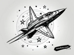 Тату-эскиз реалистичного черного и серого космического корабля, летящего сквозь звезды, с детальной прорисовкой и тенями.