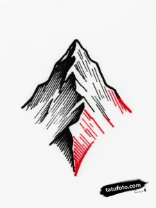 Эскиз татуировки минималистичной геометрической горы с черными контурами и красными акцентами