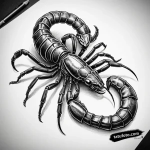 Гиперреалистичный эскиз татуировки скорпиона в стиле fine-line ink, с детализацией и мягкой тенью.