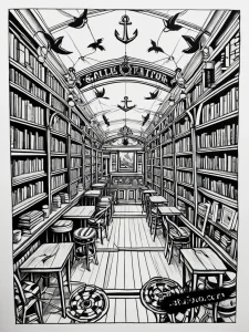 Эскиз татуировки в стиле олдскул, изображающий уютное книжное кафе с морскими мотивами: якоря, корабли, птицы.