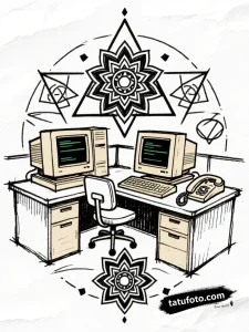 Тату-эскиз в стиле геометрии, изображающий ретро-офис 80-х с CRT-мониторами, компьютерами и телефонами, украшенный мандалами.