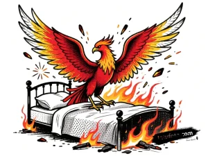 Эскиз татуировки феникса, взлетающего из горящего пепла, в стиле графики с дотворком.