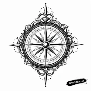 Тату-эскиз компаса в стиле blackwork с детальной штриховкой и красным акцентом на белом фоне.
