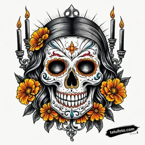 Эскиз тату "La Muerte" череп с маригольдами и свечами, олдскул стиль, яркие цвета
