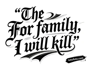Эскиз татуировки "For family, I will kill" в стиле Blackwork и Old School, выполненный тонкой черной линией.