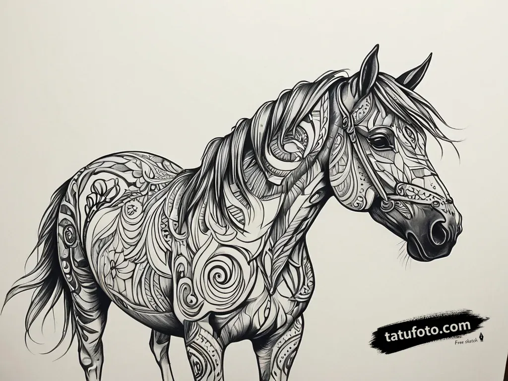 Эскиз татуировки: Величественный конь в узорах — Мастер №1 — 20.12.2025 02-40