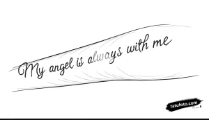 Эскиз татуировки 'My angel is always with me' в элегантном шрифте, нанесенный на абстрактный фон, созданный штриховкой.
