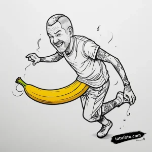Эскиз татуировки в минималистичном стиле: человек комично поскальзывается на банановой кожуре.