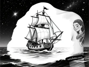 Эскиз татуировки: парусный корабль плывет по звездному морю, стиль реалистичная графика