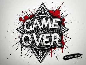 Эскиз тату 'Game Over' в стиле Trash Polka, с кровавыми потеками и графическими элементами