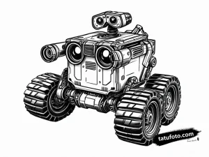 Детализированный эскиз татуировки WALL-E в стиле блэкворк с акцентом на механические детали, выполненный в монохромной гамме.