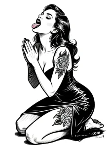 Эскиз татуировки: knelt woman in blackwork style, tongue extended, supplicant pose, black ink, high angle shot