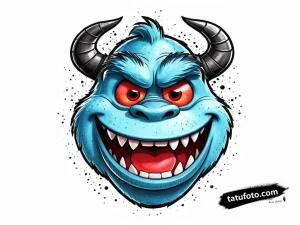 Эскиз татуировки в стиле New School с ярко-синим монстром Салли из Корпорации Монстров, с красными глазами и широкой улыбкой.