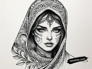 Эскиз татуировки загадочной девушки в винтажном стиле с узорами и орнаментами, акцент на глазах.