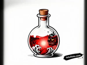 Эскиз татуировки: колба с магическим зельем, внутри которой японские мотивы (дракон, маска Ханя), в стиле Ирезуми.