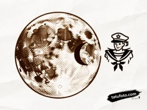 Эскиз татуировки фаз луны и моряка в стиле олдскул, выполненный дотвоорком, с элементами винтажной бумаги.