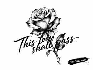 Эскиз татуировки в стиле блэкворк: увядающая роза с надписью 'This too shall pass', контраст нежности и силы.
