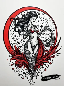Эскиз татуировки Аквариус, stylized two-tone concept art, bold black and red ink, dotwork shading, graffiti art inspiration, isolated on white background.