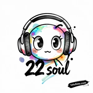 Эскиз татуировки "22 soul" – персонаж в наушниках, выполненный в акварельном стиле с яркими брызгами и без четких контуров.