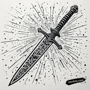 Эскиз татуировки в стиле New School: могучий меч, стилизованный под граффити, с четкими линиями и точечной штриховкой.