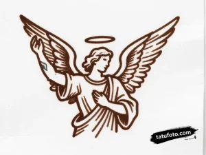 Тату-эскиз Архангела Михаила в минималистичном стиле с сепия-тоном и четкими линиями.