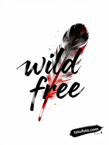 Тату-эскиз слова "wild" и "free" с перышком в стиле акварели, монохром с красным акцентом