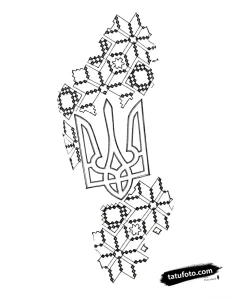Эскиз татуировки Тризуба, обрамленного геометрическими этническими узорами в стиле графика.