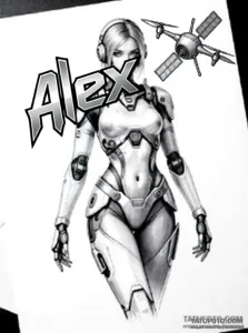 Эскиз татуировки кибернетической девушки с наушниками и дроном, имя "Alex" в техно-стиле.