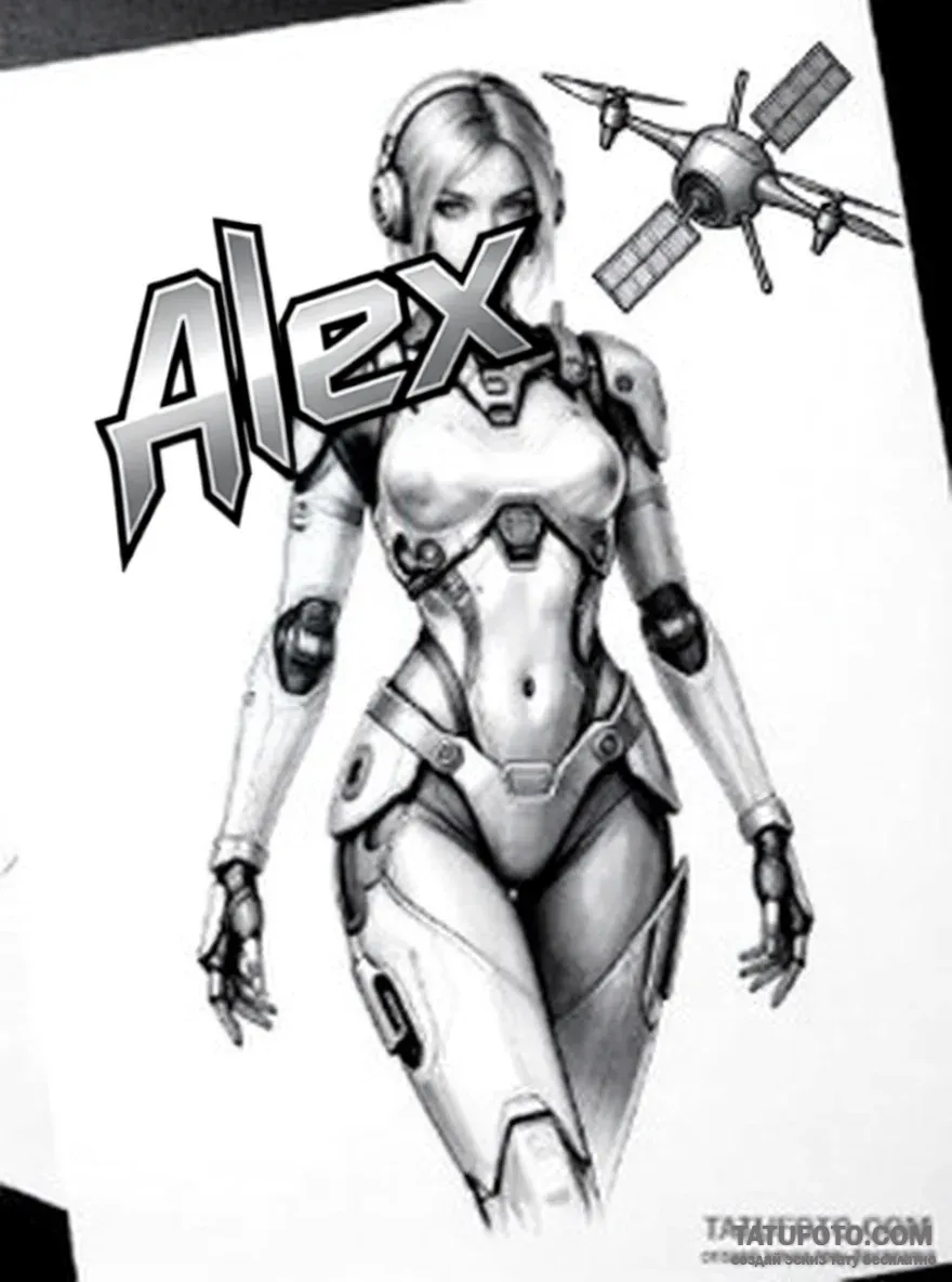 Эскиз татуировки: Кибер-дева «Alex» с дроном — Мастер №5 — 29.04.2026 02-38