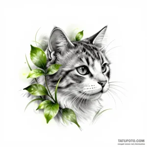 Эскиз татуировки кота в стиле Black & Grey с зелеными листьями и светящимися акцентами