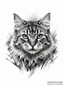Тату-эскиз гиперреалистичной кошки, выходящей из текстурной травы, в стиле тонкой графики с элементами гранжа.