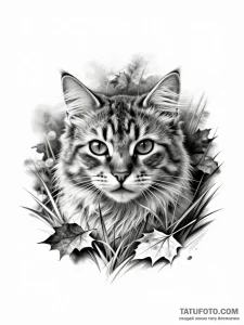 Эскиз татуировки реалистичной головы кошки, прорастающей из осенней травы и листьев, в стиле блэк энд грей.