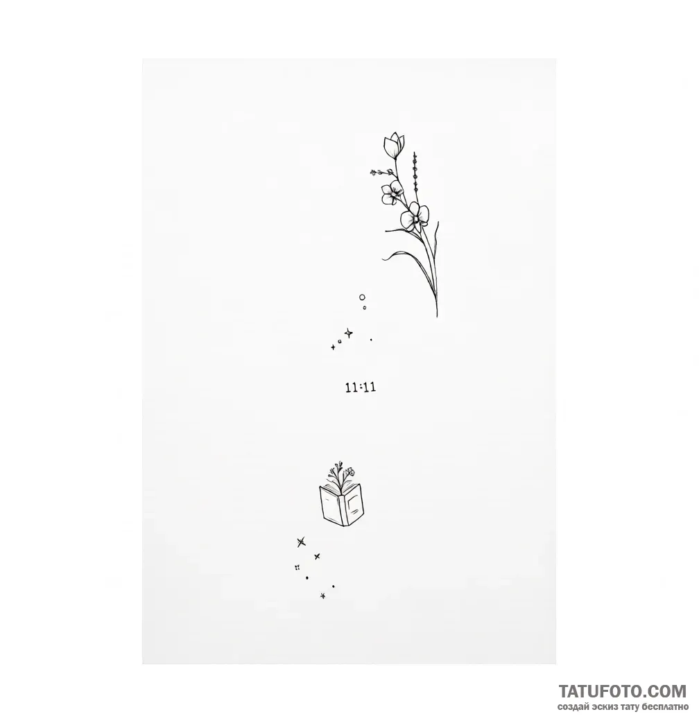 Эскиз татуировки: книга, цветок и 11:11 — Мастер №1 — 29.04.2026 22-41