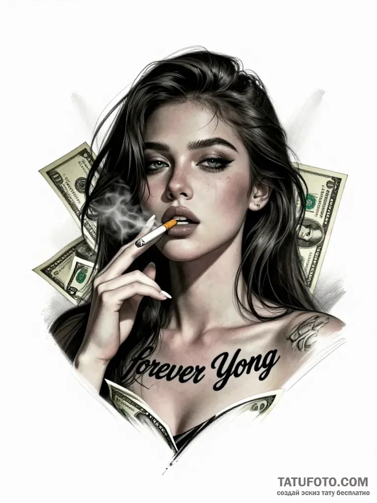 Эскиз тату: «Forever Yong», девушка с сигаретой и деньгами — Мастер №5 — 02.05.2026 21-37