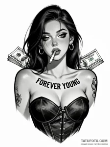 Эскиз татуировки молодой женщины с сигаретой и пачкой денег, с надписью "FOREVER YOUNG" на груди.