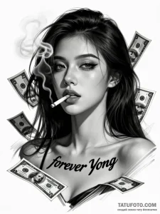 Эскиз татуировки девушки с сигаретой и долларами, надпись 'forever Yong' на груди, стиль реализм, черно-белый.
