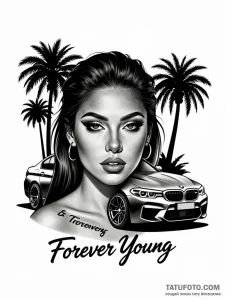 Тату-эскиз в стиле чикано: портрет молодой женщины с татуировкой "Forever Young" и автомобилем BMW M5.