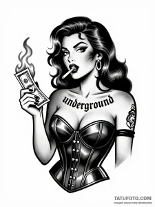Эскиз татуировки femme fatale в корсете с горящей купюрой и сигаретой, стиль Чикано