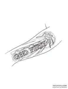 Эскиз татуировки "God First" в стиле графики с элементами дотворка, с изображением крестов.