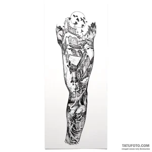 Тату-эскиз в стиле графики с изображением готического замка, стаи птиц и скелета