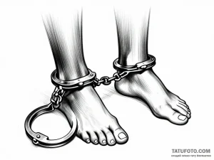 Эскиз татуировки в стиле блэкворк: ноги человека в массивных металлических кандалах, соединенных цепью.