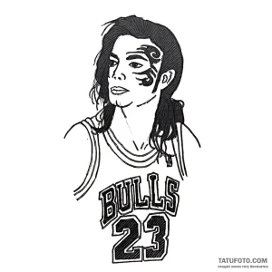 Эскиз татуировки Майкла Джордана в майке Chicago Bulls с номером 23 и татуировкой в стиле чикано на лице.