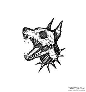 Эскиз татуировки черепа волка с открытой пастью, выполненный в черно-белой графике с элементами дотворка.