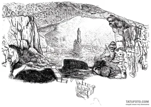 Графический эскиз татуировки в стиле "photo-to-sketch" с изображением таинственной пещеры, ведущей к одинокому каменному столпу.