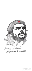 Эскиз татуировки портрета Че Гевары в стиле графики с красной звездой на голове и надписью на испанском.