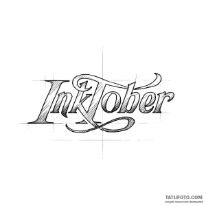 Эскиз татуировки 'Inktober' в стиле графики с элементами черчения, подчеркивающий творческий процесс.