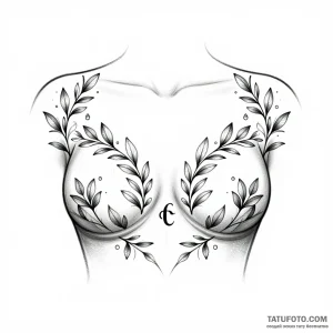 Эскиз татуировки в стиле fine-line black and grey, изображающий изящные ветви с листьями и каплями воды, обрамляющие женскую грудь, с геометрическим символом в центре.