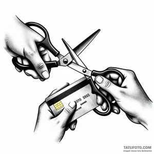 Эскиз татуировки: руки ножницами разрезают кредитную карту, стиль дотворк.