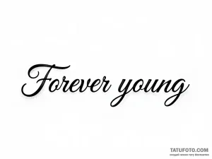 Эскиз татуировки "Forever young" каллиграфическим шрифтом, выполненный в технике дотворк на белом фоне.